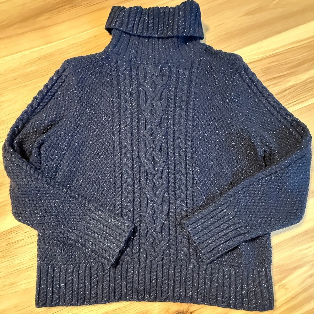 Talbots Cable Knit Turtleneck Sweater Womens LP Navy Blue Silver Metallic